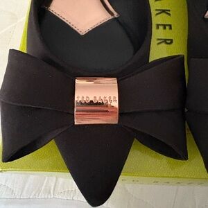 Ted Baker Ilebdi Black Ballet Flats with Rose Gold Bow Detail, Size 9/40, EUC